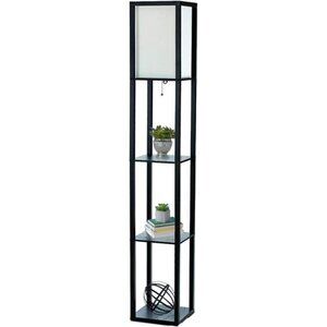 BLK Etagere Organizer Storage Shelf Linen Shade Floor Lamp, Black